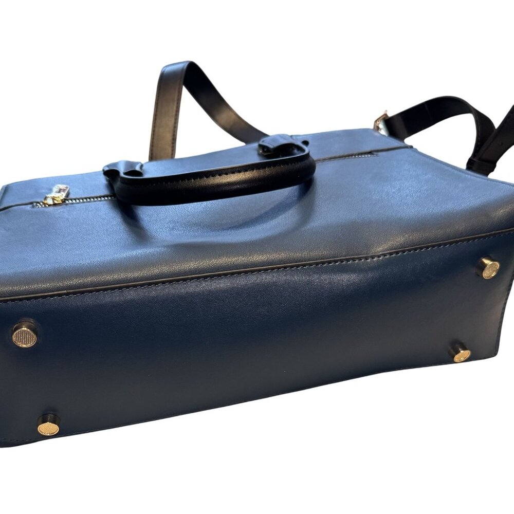 Bostanten Navy Blue Leather Tote Handbag Gold Hardware Adjustable Strap - Picture 6 of 9